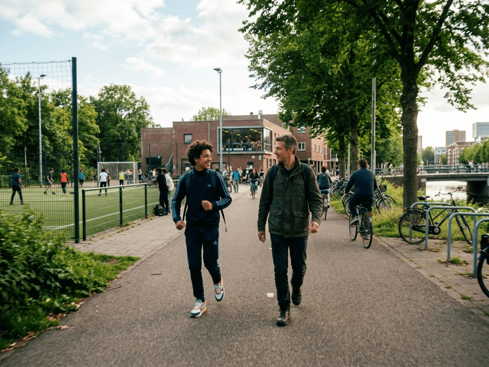 Een jongere en een begeleider lopen pratend langs een sportveld in de stad