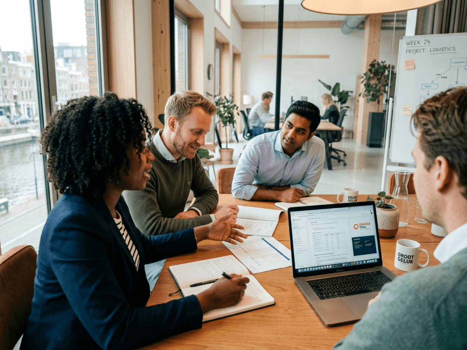 Professionals overleggen samen aan een vergadertafel met laptop en documenten