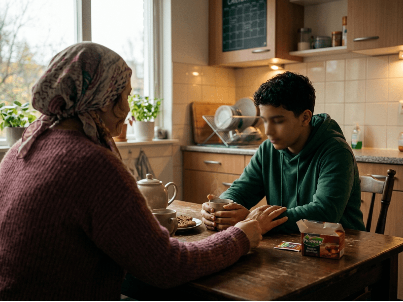 Een ouder en een jongere in gesprek aan de keukentafel